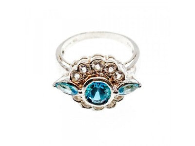 925 Sterling Silver Aquamarine & Goshenite Ring Size 9