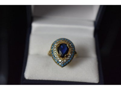 925 Sterling Silver Gold Plated Blue Alpanite, Turquoise & CZ Ring Size 8