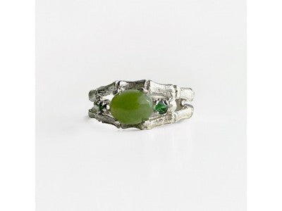 925 Sterling Silver Nephrite ( Jade ) & Emeralds Ring Size 8