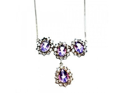 925 Sterling Silver Purple Tourmaline & Colorless Spinel Necklace Italy