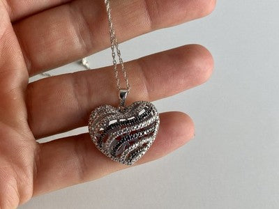925 Sterling Silver White & Black CZ Heart Chain With Pendant