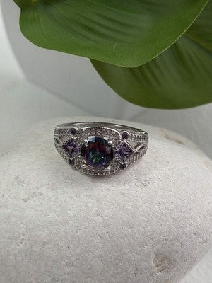 925 Sterling Silver Mystic Topaz & Amethyst & Beryl Ring Size 8