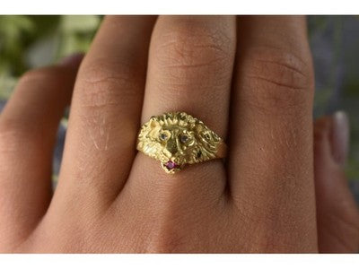 14K Yellow Gold Ruby & Quartz "Lion" Ring Size 8.5