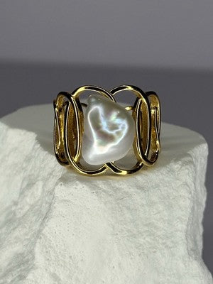 925 Sterling Silver Gold Plated Pearl  Ring Size Adjustable