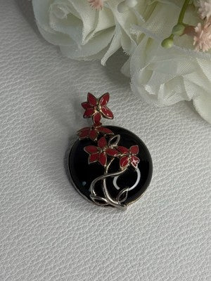 925 Sterling Silver Black Onyx & Red Enamel Flowers Pendant Length 1.40 Inch