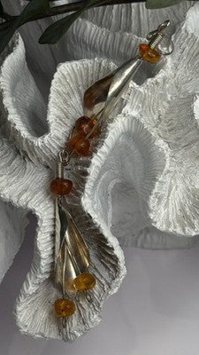 Vintage Unique Design Dangle 925 Sterling Silver Amber Earrings