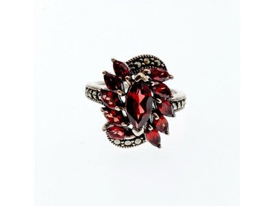 925 Sterling Silver Spessartine & Marcasites Ring Size 6.5