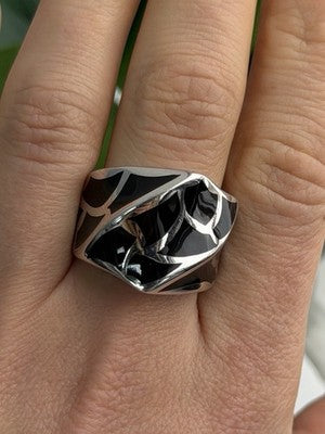 Italy Geometric Design 925 Sterling Silver Black Onyx Ring Size 10