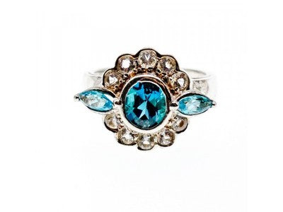 925 Sterling Silver Aquamarine & Goshenite Ring Size 9