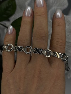 Vintage Design X-shaped & Circular Links 925 Sterling Silver Bracelet 7.5