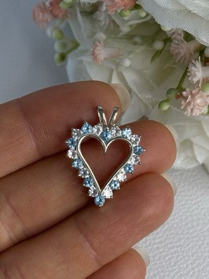 925 Sterling Silver Blue & White Topaz Heart Pendant Length 1 Inch