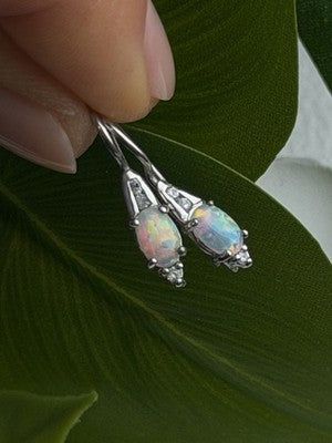 Art Deco Vintage 925 Sterling Silver Opal & Beryl Drop Earrings