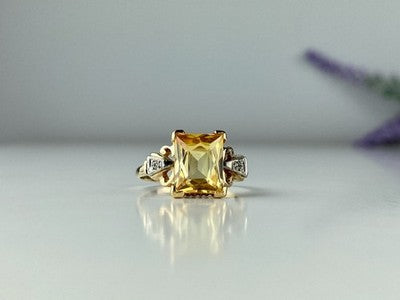 10K Yellow Gold Yellow Topaz & Diamonds Ring Size 9.75