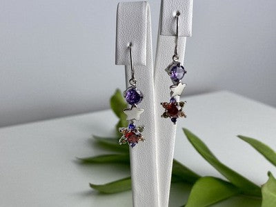 Dangle Earrings with Multicolor CZ  "Flowers & Stars"