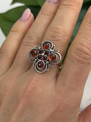 925 Sterling Silver Amber Flower Ring Size 9.5