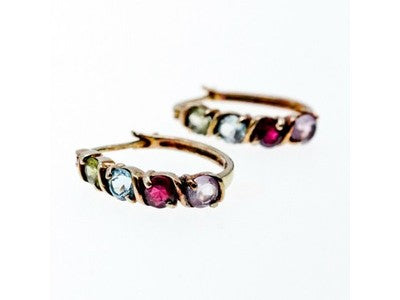 Vintage 925 Sterling Silver Gold Plated Multi Gemstones Earrings