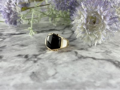 925 Sterling Silver Gold Plated Black Jade, Mother Of Pearl & CZ Ring Size 7
