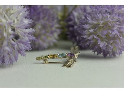 925 Sterling Silver Multi Gemstones "Dragonfly" Brooch