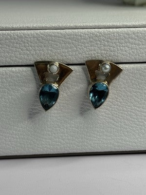 925 Sterling Silver Topaz & Pearl Earrings Length 0.70 Inch