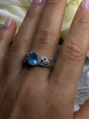 Vintage Filigree 925 Sterling Silver Blue & Clear Topaz Ring Size 8.5