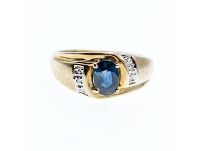 10K Yellow Gold London Blue Topaz & Diamonds Ring Size 10.5