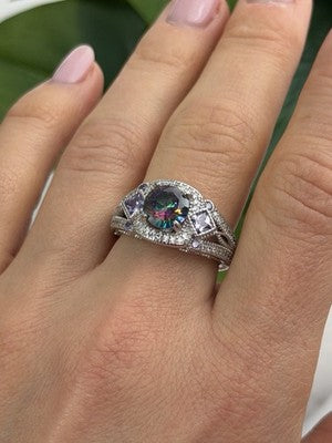 925 Sterling Silver Mystic Topaz & Amethyst & Beryl Ring Size 8