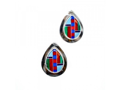 Vintage 925 Sterling Silver Agate Mosaic Stud Earrings