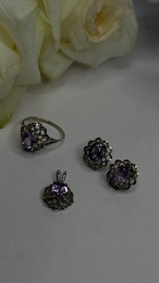 925 Sterling Silver Amethyst Set Floral Filigree Ring Pendant & Earrings