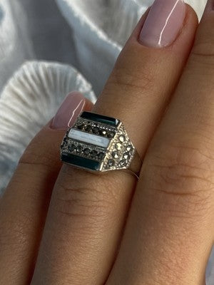 925 Sterling Silver Jade Abalone Marcasite Ring Size 6
