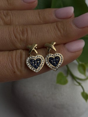 Romantic 14K Yellow Gold Heart Sapphire & Diamond Earrings