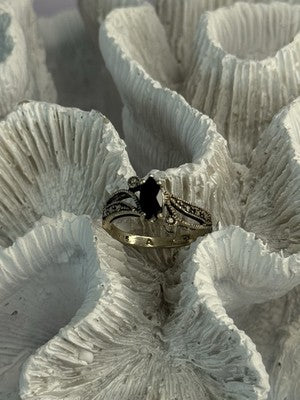 925 Sterling Silver Black Sapphire & Marcasites Ring Size 6