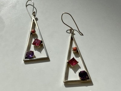 925 Sterling Silver Morganite, Iolite & Agate Earrings