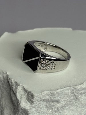 925 Sterling Silver Black Enamel & CZ Men's Ring Size 11