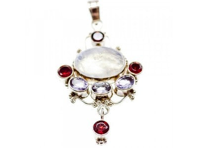 925 Sterling Silver Moonstone, Amethyst & Garnet Pendant