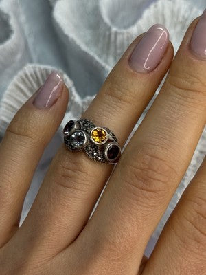 925 Sterling Silver Garnet, Citrine, Topaz, Amethyst & Marcasite Ring Size 5.5