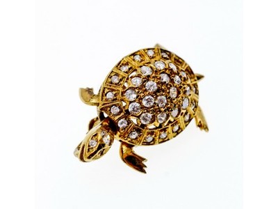 925 Sterling Silver Gold Plated CZ "Turtle" Brooch