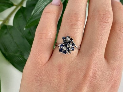 925 Sterling Silver Sapphire & CZ "Flowers" Ring Size 6.75