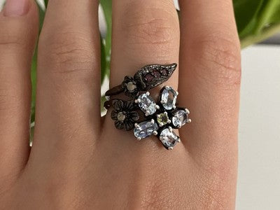 925 Blackened Silver Topaz, Garnet, Peridot & Opal Ring Size 8