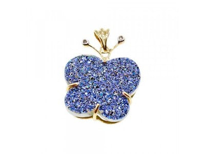10K Yellow Gold Druzy Quartz & Diamonds Butterfly Pendant