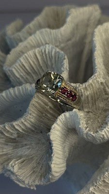 925 Sterling Silver Cushion-Cut Aquamarine & Pink Tourmaline Ring Size 9