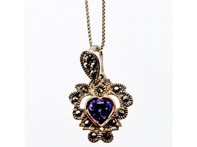 925 Sterling Silver Amethyst & Marcasites "Heart" Chain With Pendant Italy