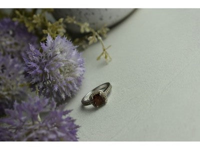 925 Sterling Silver Hessonite & CZ Ring Size 8