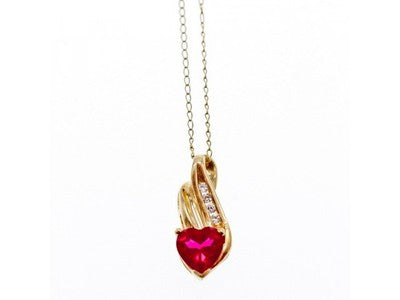 10K Yellow Gold Ruby & Diamonds Heart Chain With Pendant
