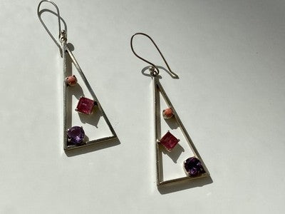 925 Sterling Silver Morganite, Iolite & Agate Earrings
