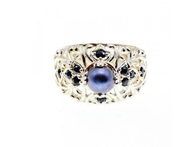 925 Sterling Silver Pearl & Sapphires Ring Size 6.75