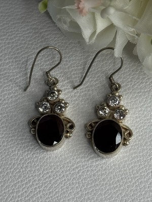925 Sterling Silver Garnet & CZ Earrings Length 1.70 Inch