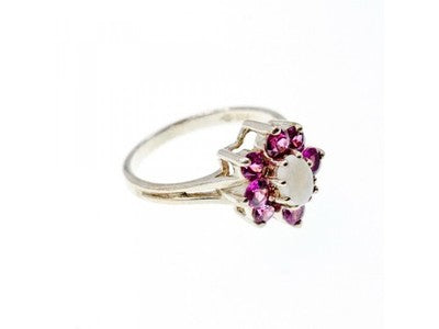 925 Sterling Silver Opal & Pink Spinel "Flower" Ring Size 7