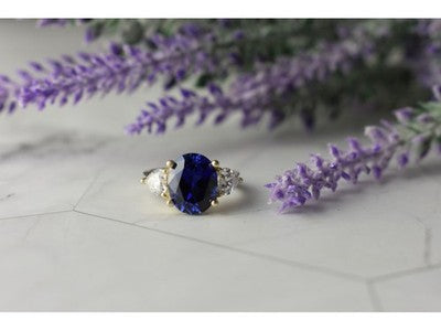 925 Sterling Silver Sapphire & CZ Ring Size 5.5