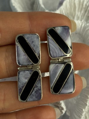 Vintage 925 Sterling Silver Agate & Onyx Earrings Length 1.50 Inch