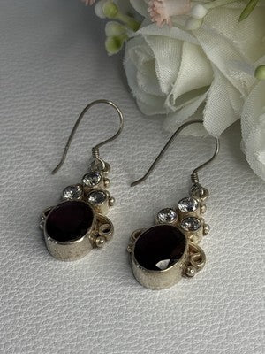 925 Sterling Silver Garnet & CZ Earrings Length 1.70 Inch